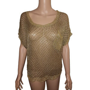 Stylemint Metallic Gold Sheer Knit Scoop Neck Short Sleeve Top Size 3 W012B
